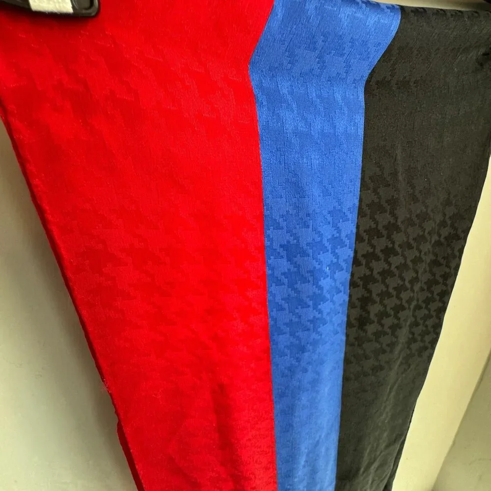 Vintage Bill Blass Silk Scarf Blue Black Red Houndstooth Colorblock 60